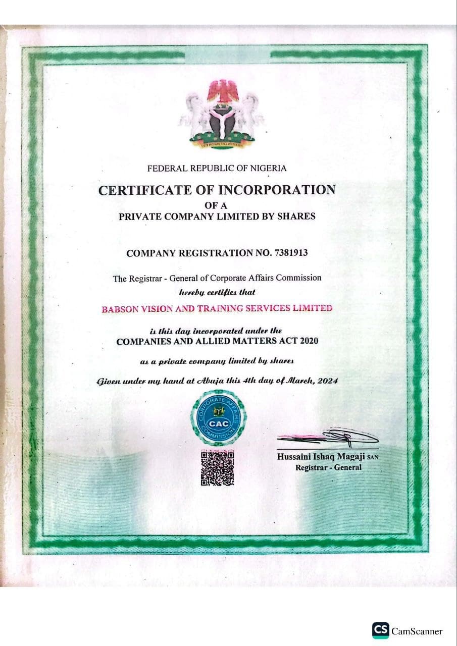 CAC Certificate of Incorporation for Babson Vision and Training Services Limited, RC 7381913