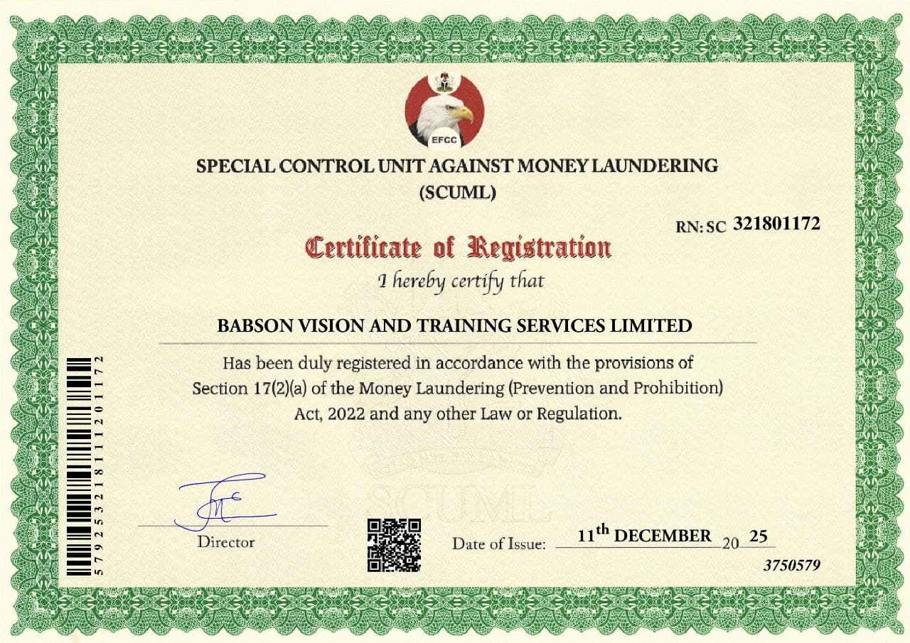 SCUML Certificate of Registration for Babson Vision and Training Services Limited, RN SC 321801172